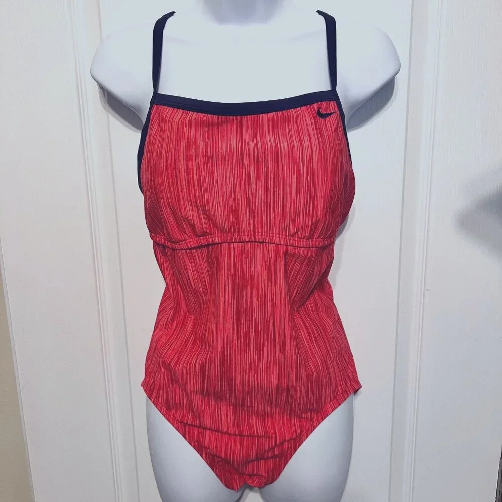Nike Razorback Women's One Piece Swimsuit-Coral/Red/Navy Blue-Size Large-Beach